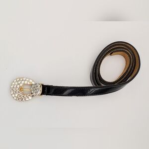 Women's Chic Thin Black Belt with Dazzling Crystal/Rhinestone Buckle